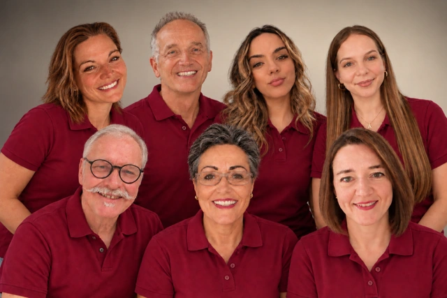 Das Team des Zahnzentrums Hausham in bordeauxroten Poloshirts
